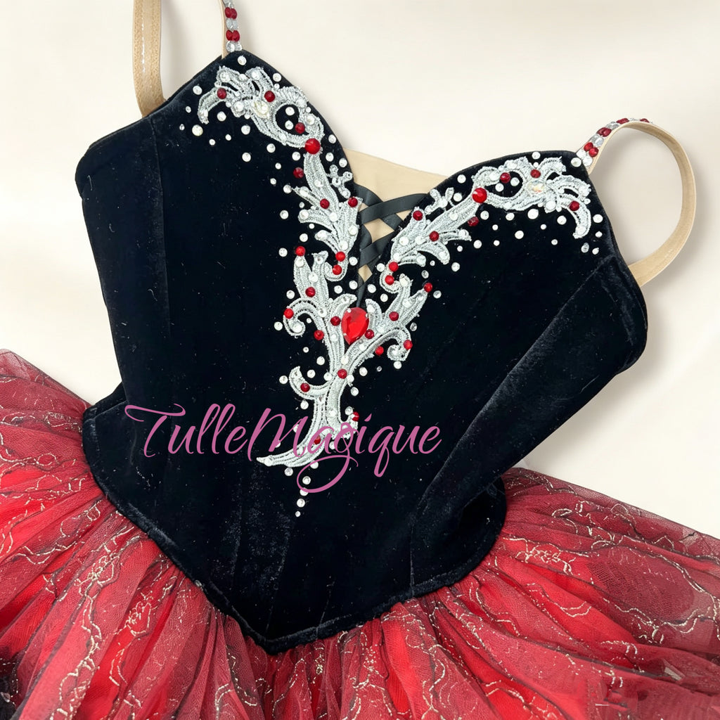 Made-to-measure professional Don Quixote ballet tutu dress featuring velvet jeweled bodice, and silver appliques accessory.