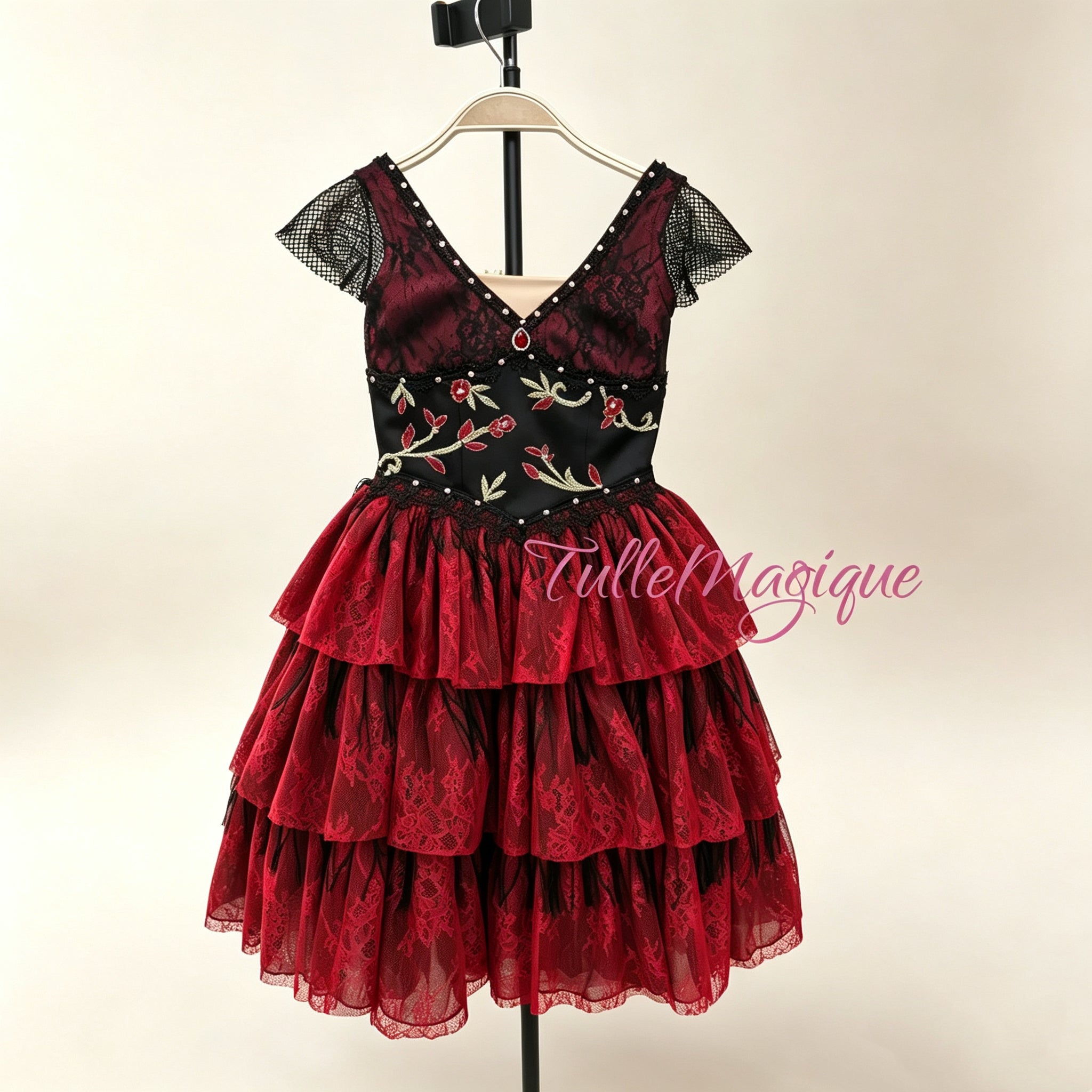 Professional Don Quixote Kitri ballet tutu costume with red floral embroidery dark burgandy bodice red lace layered tutu.