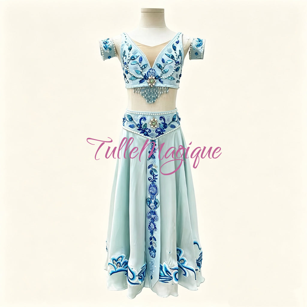 ⁠Professional La Bayadere Nikiya variation ballet costume, light blue two-piece dress with embroidered bodice and long chiffon skirt by TulleMagique⁠