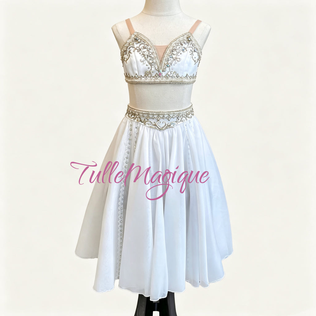 ⁠Professional La Bayadere Nikiya costume, white and light gold two-piece ballet dress with embroidered crop top and chiffon skirt by TulleMagique⁠