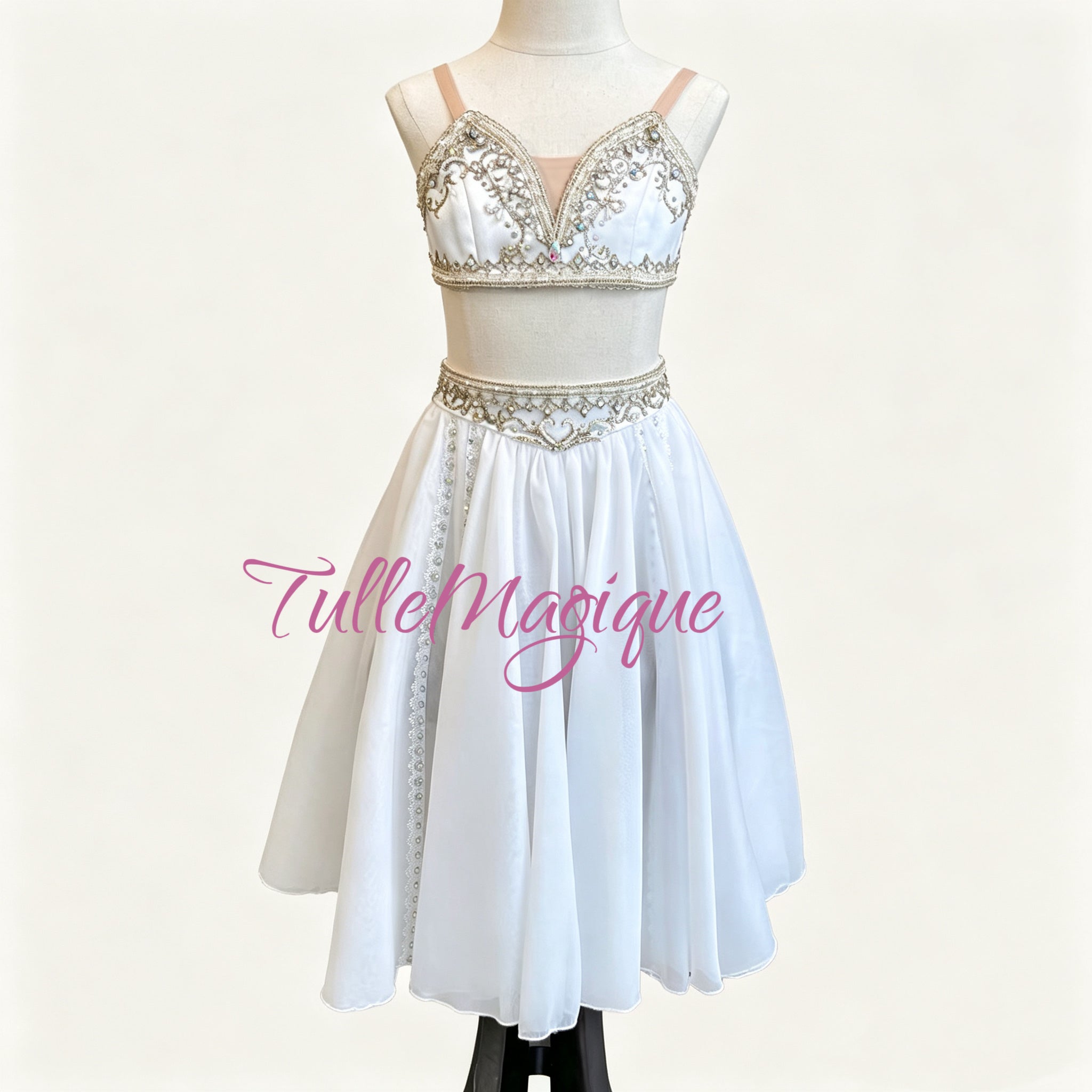 ⁠Professional La Bayadere Nikiya costume, white and light gold two-piece ballet dress with embroidered crop top and chiffon skirt by TulleMagique⁠