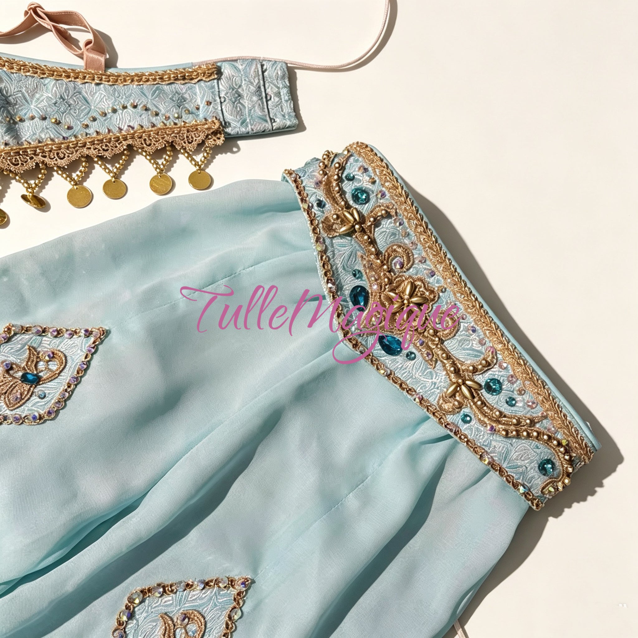 ⁠La Bayadere professional ballet costume, aqua blue bodice and pants set with gold embellishments and jewels for Temple Dancer role