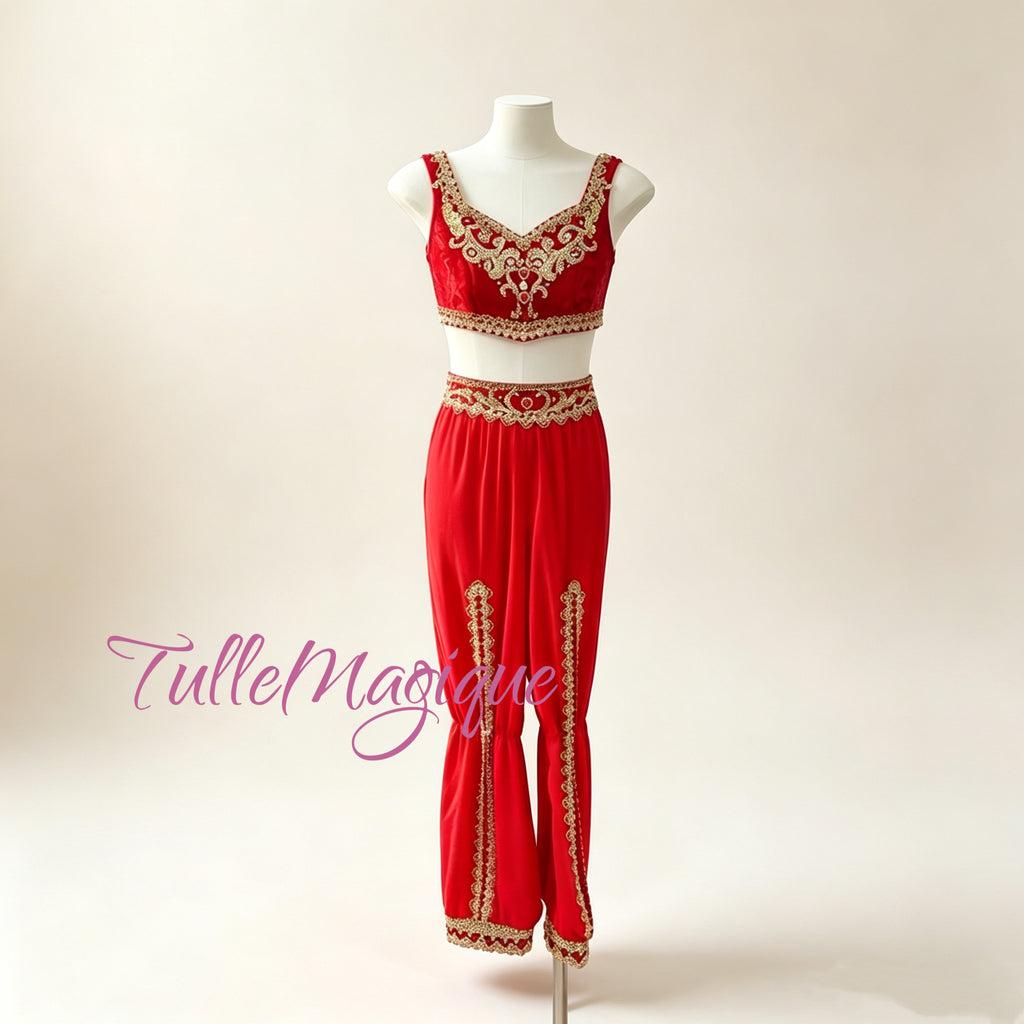 Professional red and gold two-piece costume for La Bayadère temple dancer variation, featuring ornate oriental embroidery and stage-ready character design.