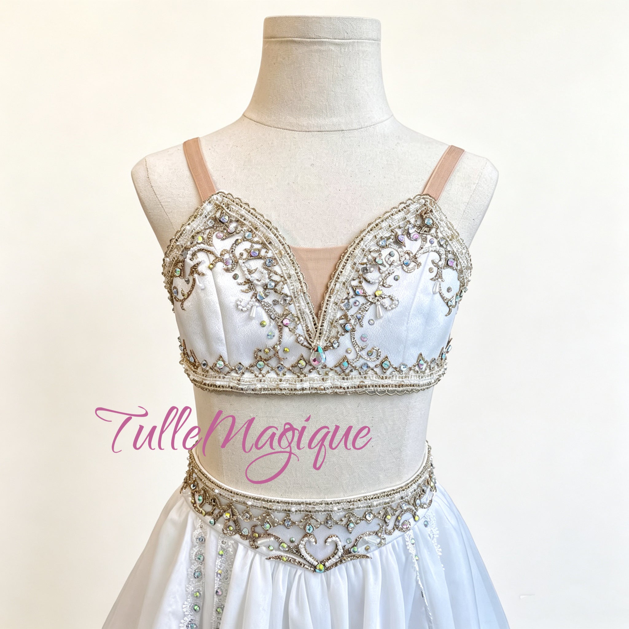 ⁠La Bayadere professional ballet costume, white flowing chiffon chiton skirt and crop top set for Temple Dancer role⁠