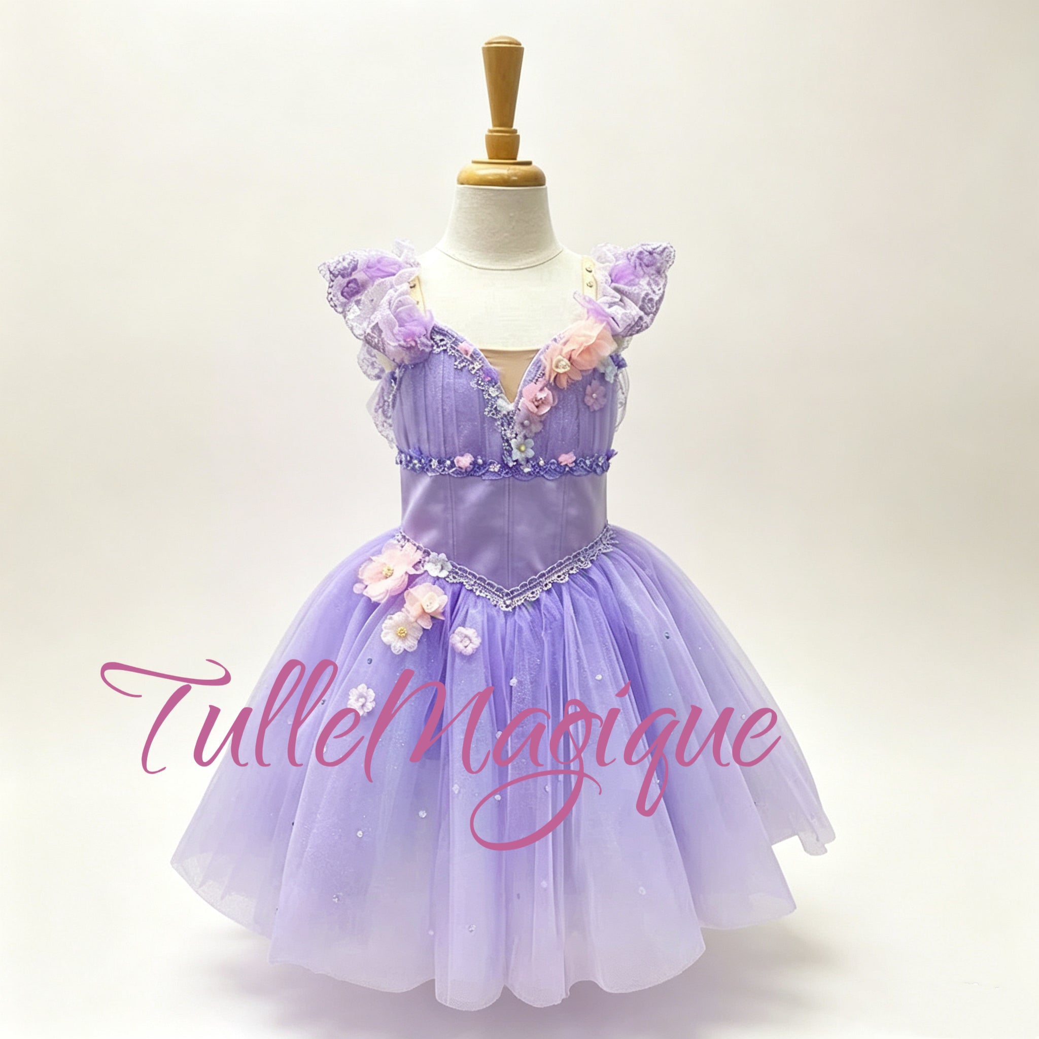 Custom-made TulleMagique lavender romantic tutu with 3D handcrafted flowers and soft ruffle sleeves for Nutcracker stage performances the Waltz of the Flowers.