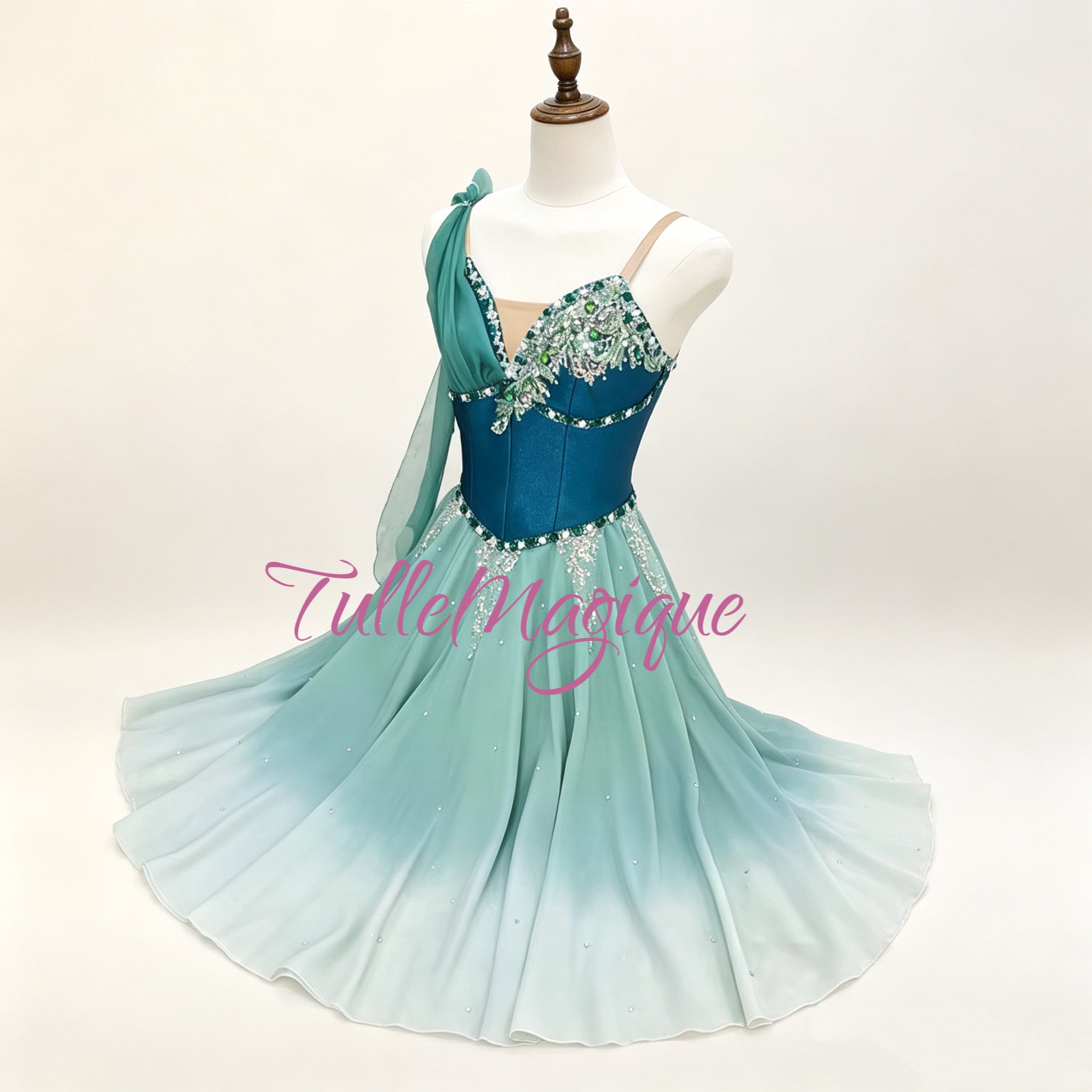 Close-up of the teal and mint satin bodice featuring hand-beaded crystal embroidery and stage embellishments for Le Corsaire
