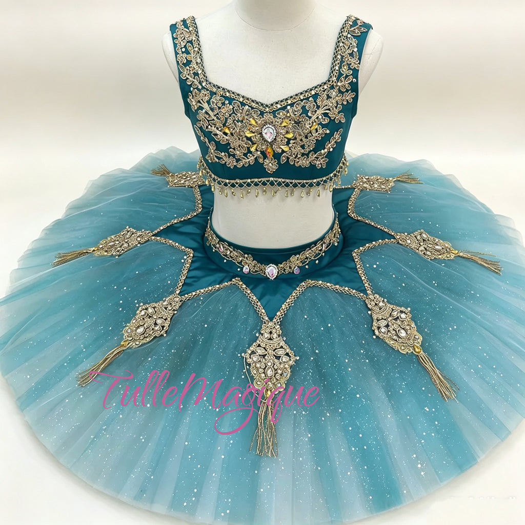 Professional teal and gold two-piece ballet tutu for Le Corsaire Medora or Odalisque variation with intricate embroidery and tassel details.
