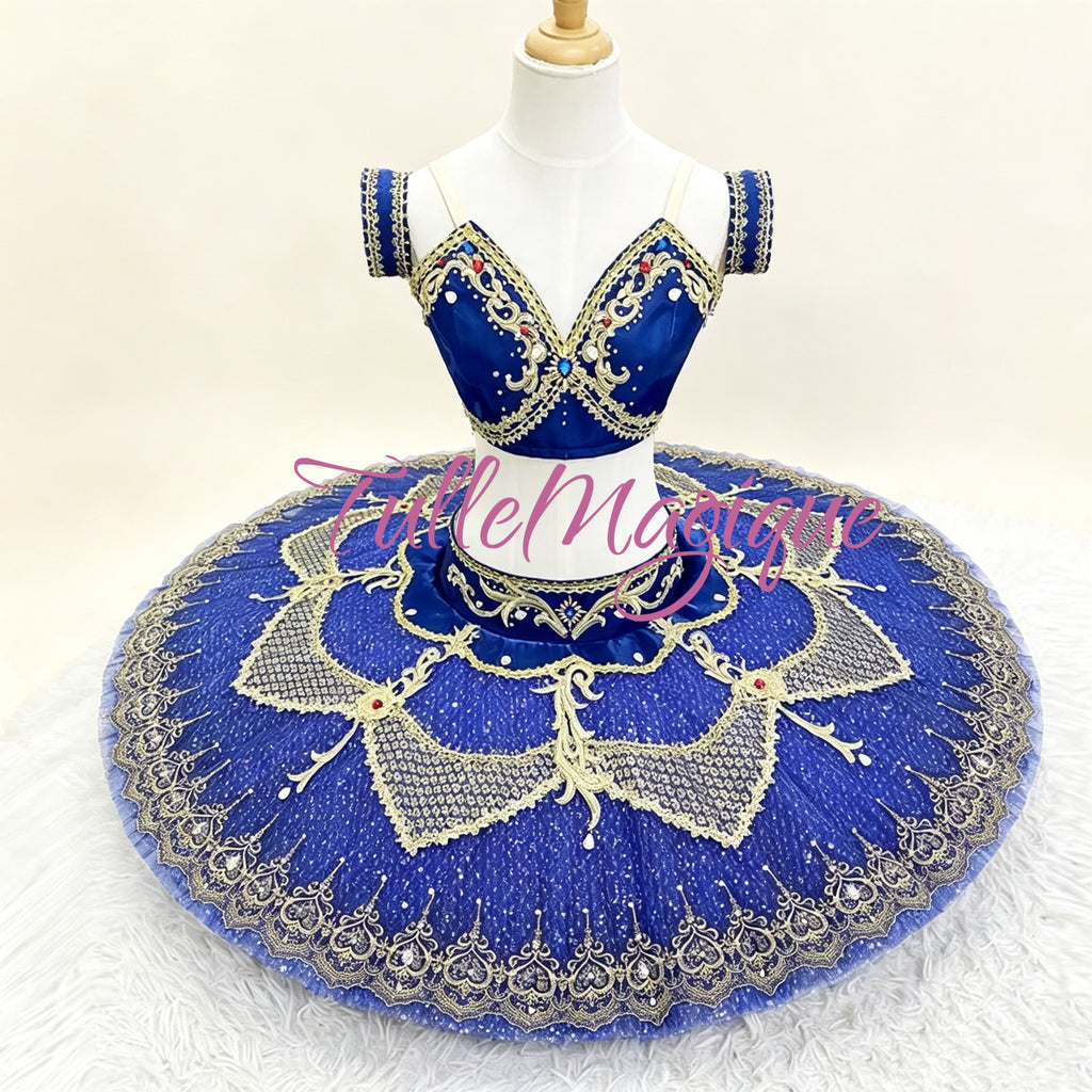 Professional deep blue and gold two-piece ballet tutu for Odalisque variation.