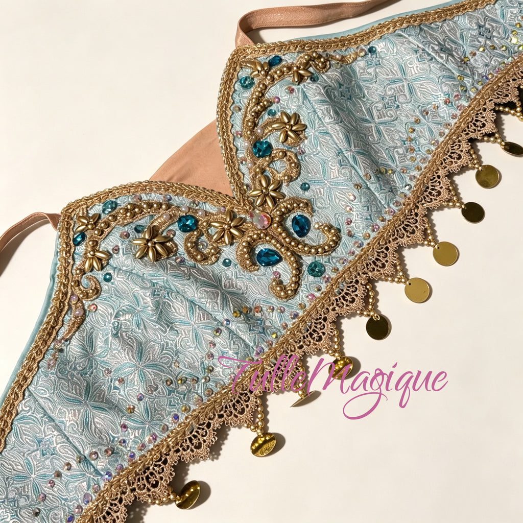 ⁠Professional light blue two-piece ballet costume with harem pants and gold coin trim for Le Corsaire Odalisque variation
