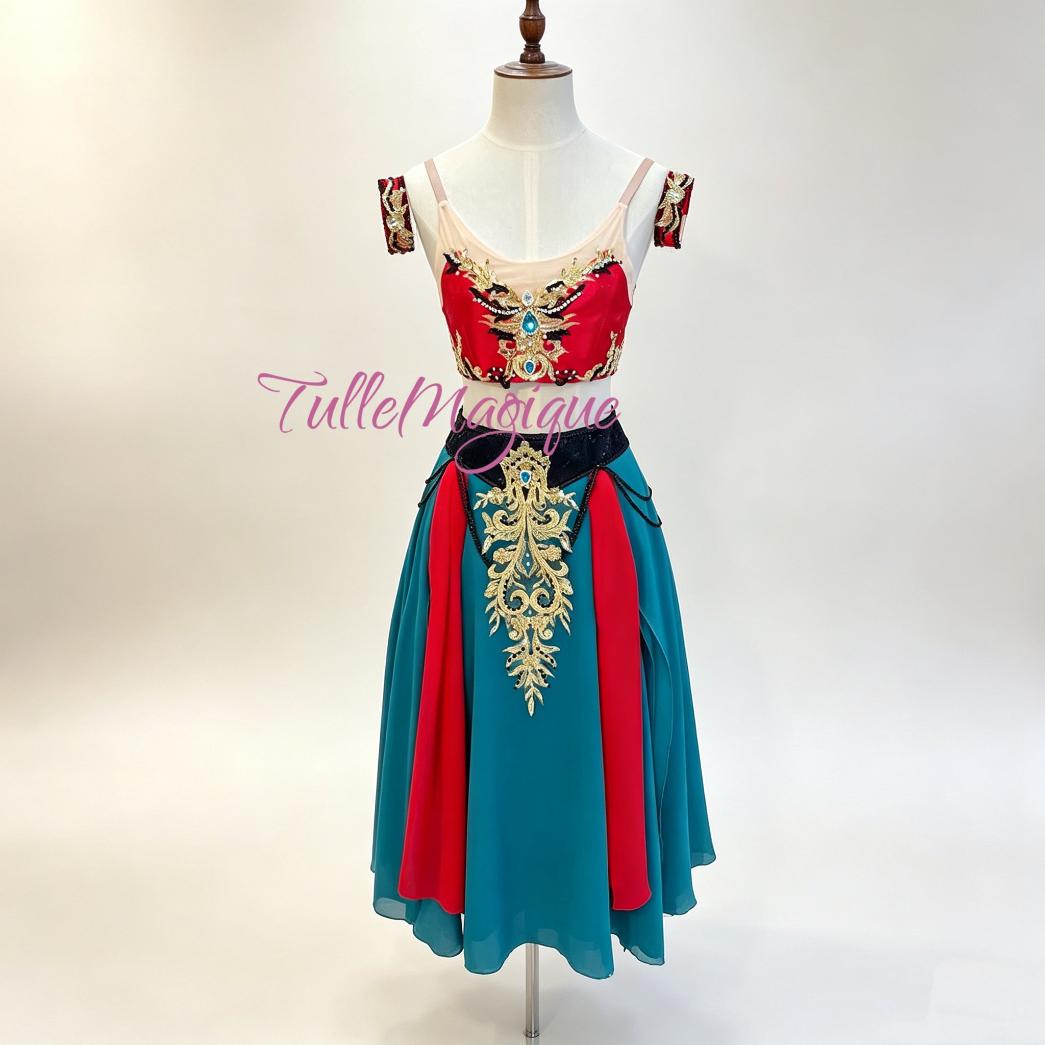 Professional red and teal blue two-piece character ballet costume for Le Corsaire market scene or exotic variations.