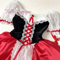 Professional Little Red Riding Hood ballet costume tailored for The Sleeping Beauty Act 3 variation, featuring a black velvet bodice with red lacing and a rich red romantic satin skirt with a lace apron