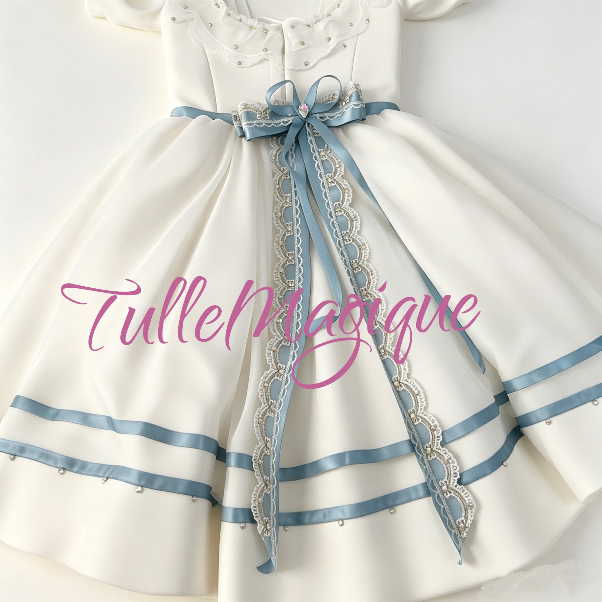 a luxury white and steel blue Graduation Ball ballet costume featuring a heavy lace belt bow at the back.