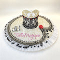 Handcrafted Spanish style professional pancake tutu for Paquita variations, adorned with gold baroque appliques, matching arm bands, and a red rose headpiece accessory.