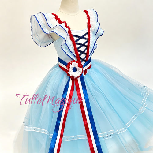 Made-to-measure professional Flames of Paris Jeanne variation tutu with French tricolor ribbons and lace-up bodice.