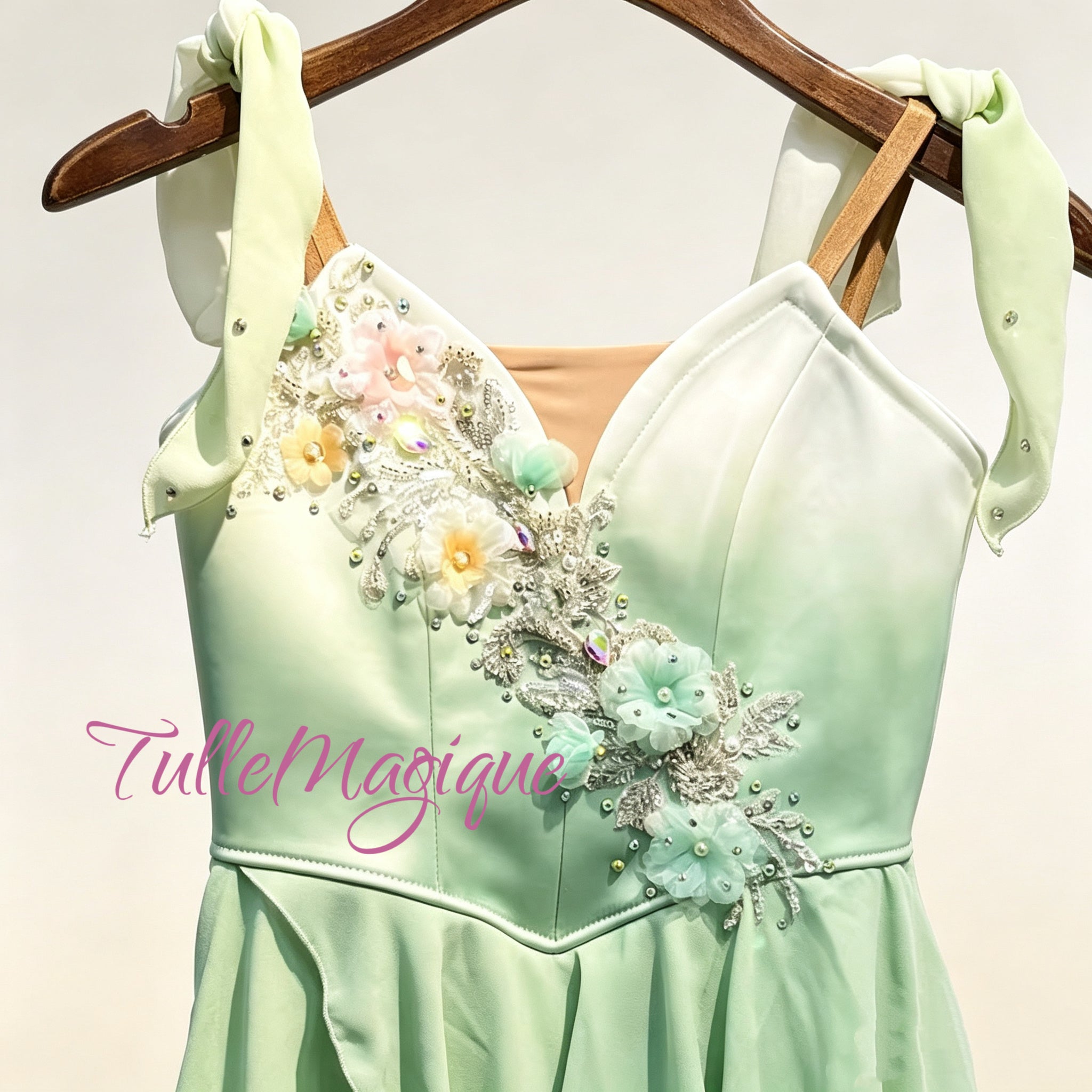 ⁠TulleMagique luxury mint green ombre ballet tunic dress featuring 3D floral embroidery and crystals for competition stage.⁠