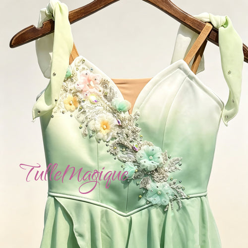 ⁠TulleMagique luxury mint green ombre ballet tunic dress featuring 3D floral embroidery and crystals for competition stage.⁠