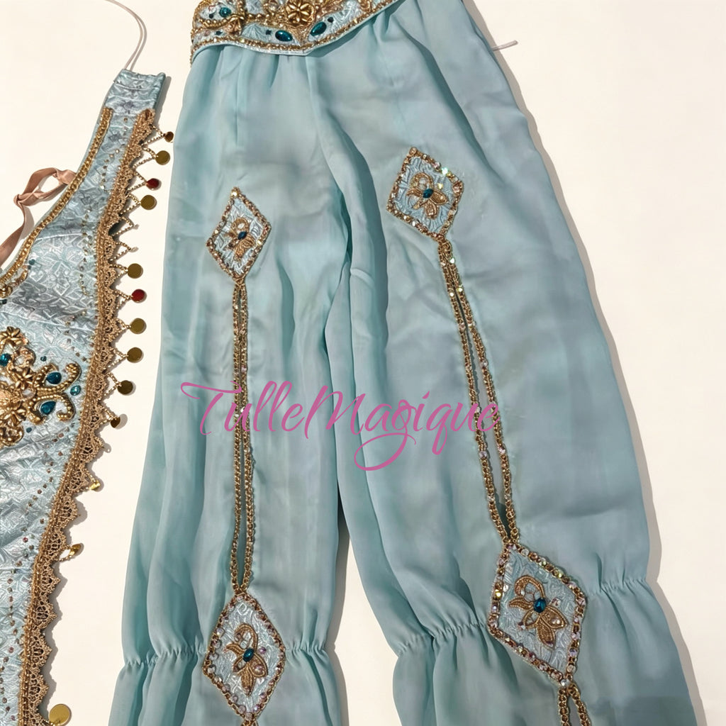 ⁠Nutcracker Arabian dance ballet outfit, light blue crop top and harem pants featuring exquisite gold trim and chiffon arm pieces⁠