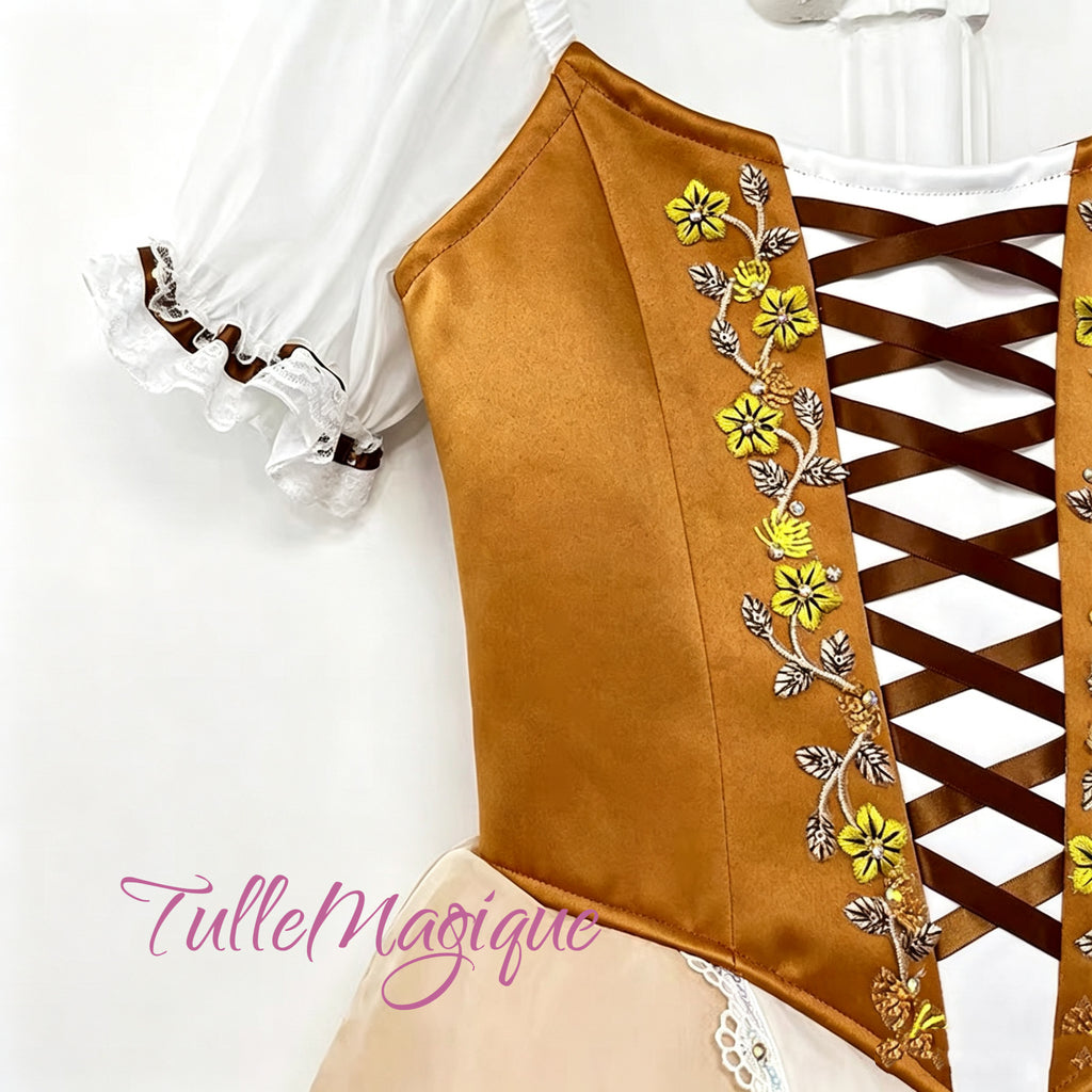 Professional Giselle peasant ballet costume with criss-cross ribbon lacing.