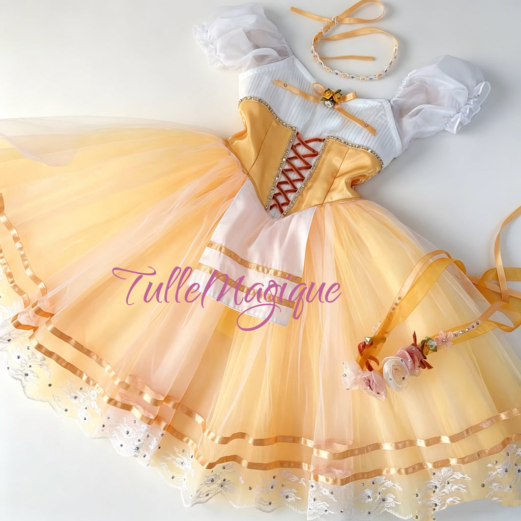 Flat lay view of a professional peach color romantic ballet tutu featuring a pale orange satin bodice with gold corset lacing, an apron skirt, a matching choker, and floral hand accessories