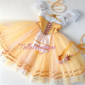 Flat lay view of a professional peach color romantic ballet tutu featuring a pale orange satin bodice with gold corset lacing, an apron skirt, a matching choker, and floral hand accessories