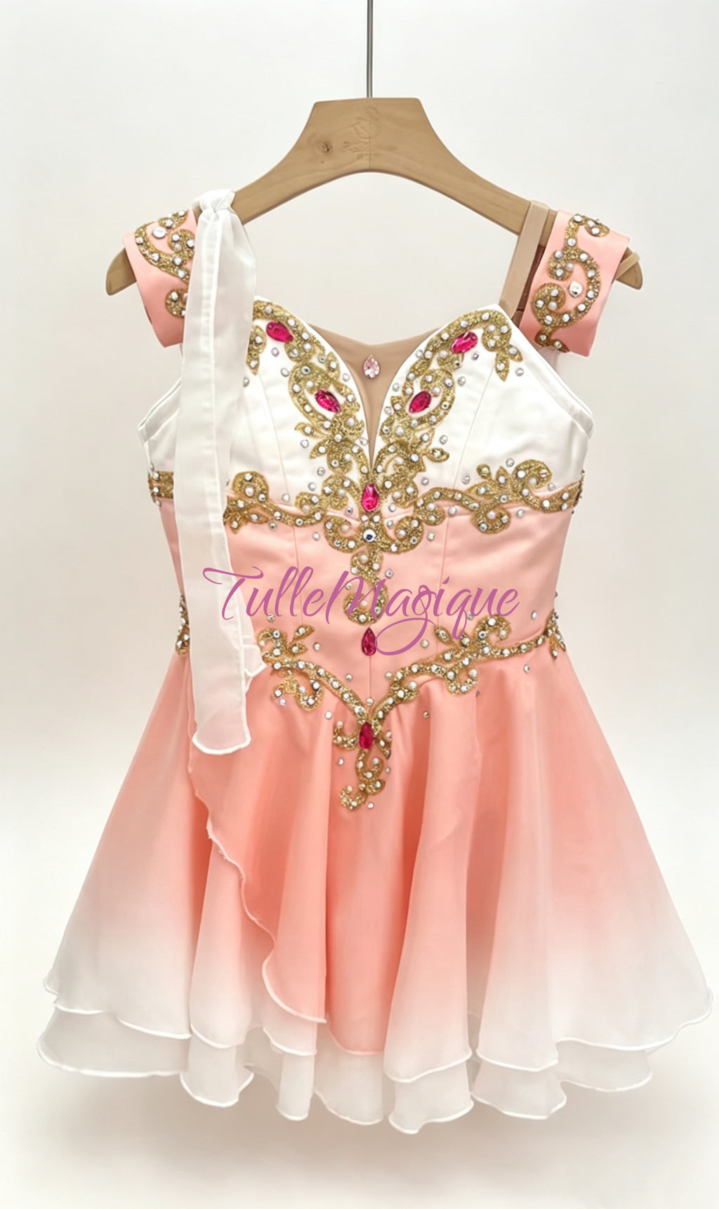 Professional peach pink and white ombré Talisman ballet variation costume, featuring an gradient color chiffon skirt, luxury gold filigree appliqués , and bright fuchsia crystal accents