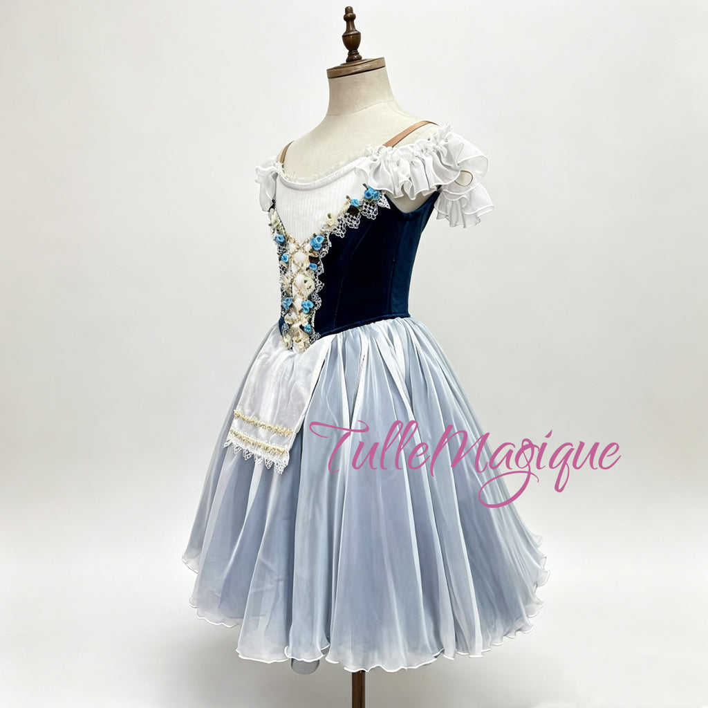 Peasant style ballet dress with a blue corset and white and blue romantic tulle skirt, perfect for Swanhilda or Coppelia variations in YAGP competitions.
