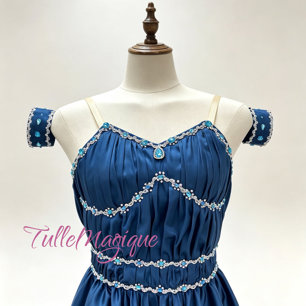 ⁠Royal blue professional ballet tunic for The Pharaoh's Daughter river variation, featuring a flowing Grecian chiton skirt by TulleMagique.