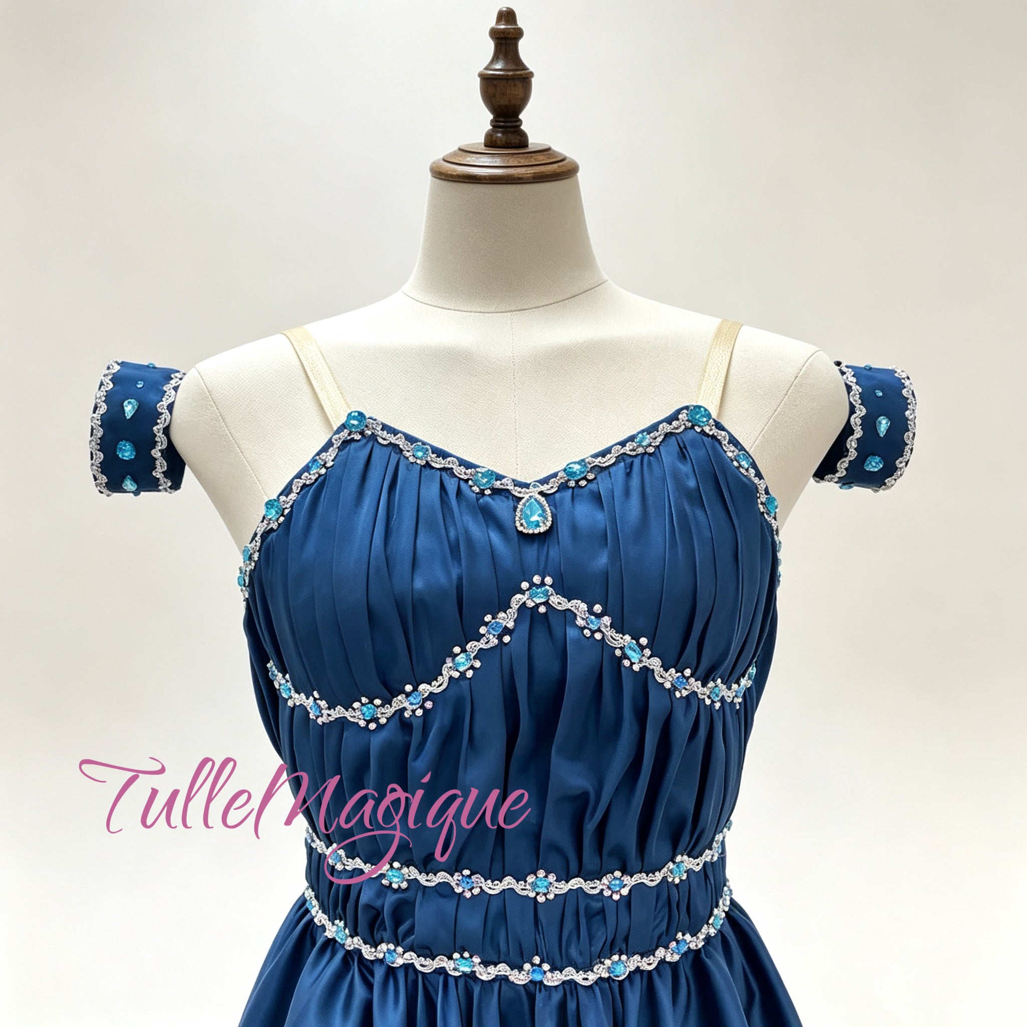 ⁠Royal blue professional ballet tunic for The Pharaoh's Daughter river variation, featuring a flowing Grecian chiton skirt by TulleMagique.