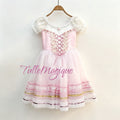 Professional pink romantic ballet tutu featuring a rose pink bodice with ribbon lacing, puff sleeves, and a layered tulle skirt decorated with pink satin and gold sequin ribbons