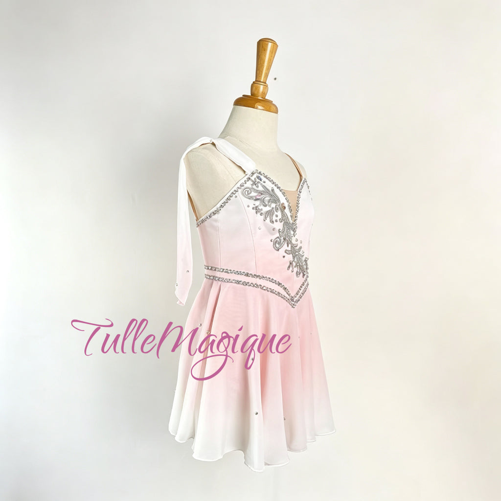 Pink and white ombre Grecian chiton style ballet tunic with single shoulder drape and flowing soft skirt.⁠