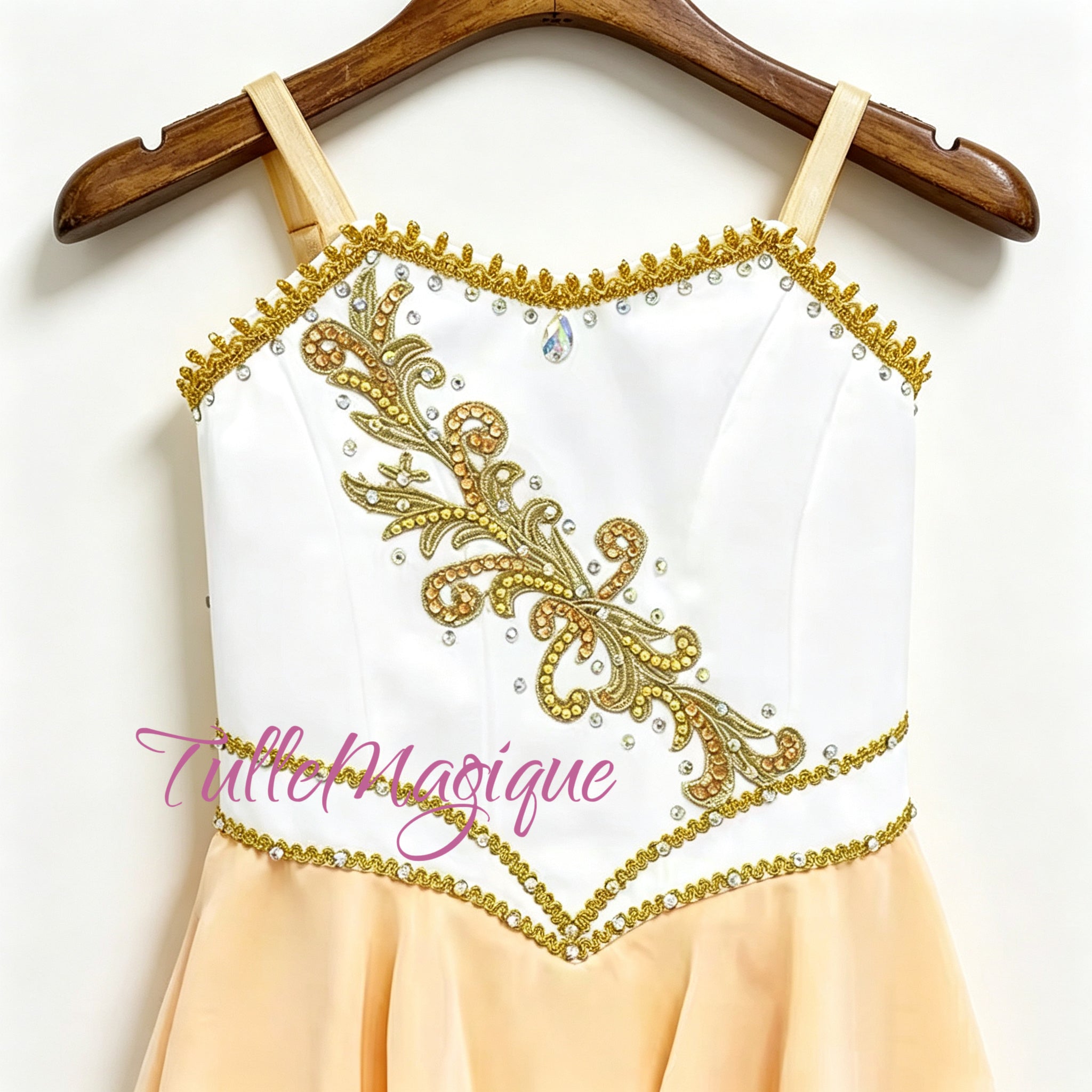 ⁠Custom professional ballet chiton costume for YAGP competition, featuring gold embroidered white bodice and ombre skirt.⁠