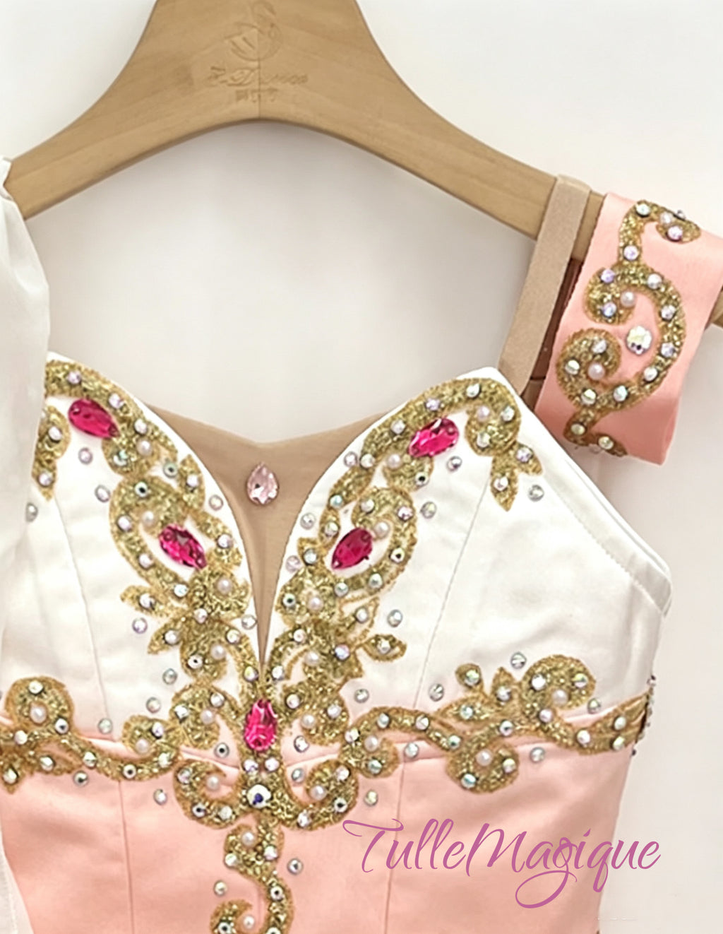 High-quality custom made-to-measure professional ballet competition solo costume, featuring a beautifully decorated pink and white bodice with jeweled crystals and a lightweight flowing chiffon short skirt