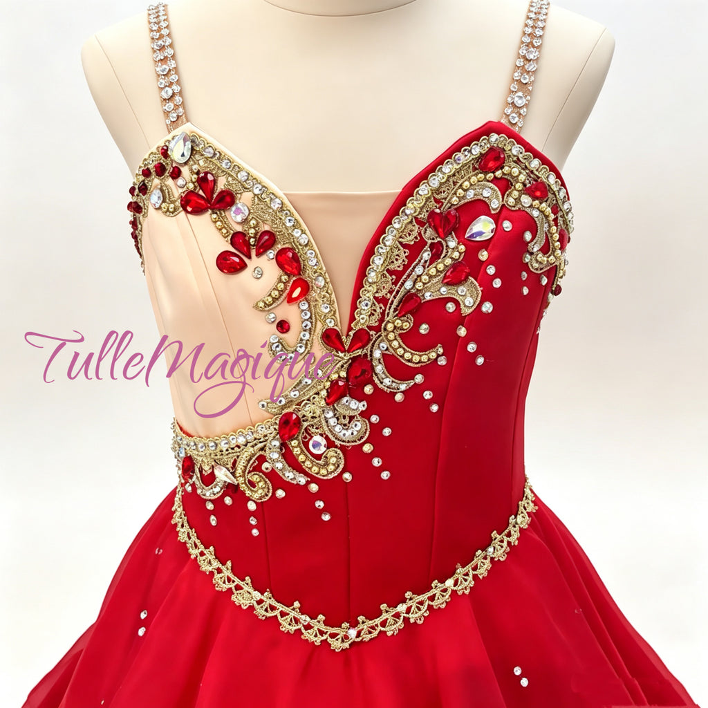 High-end custom-made professional ballet competition solo wear for Diana variation, featuring an embellished sweetheart neckline with dense gold scrollwork and a dynamic bouncy wave-like skirt