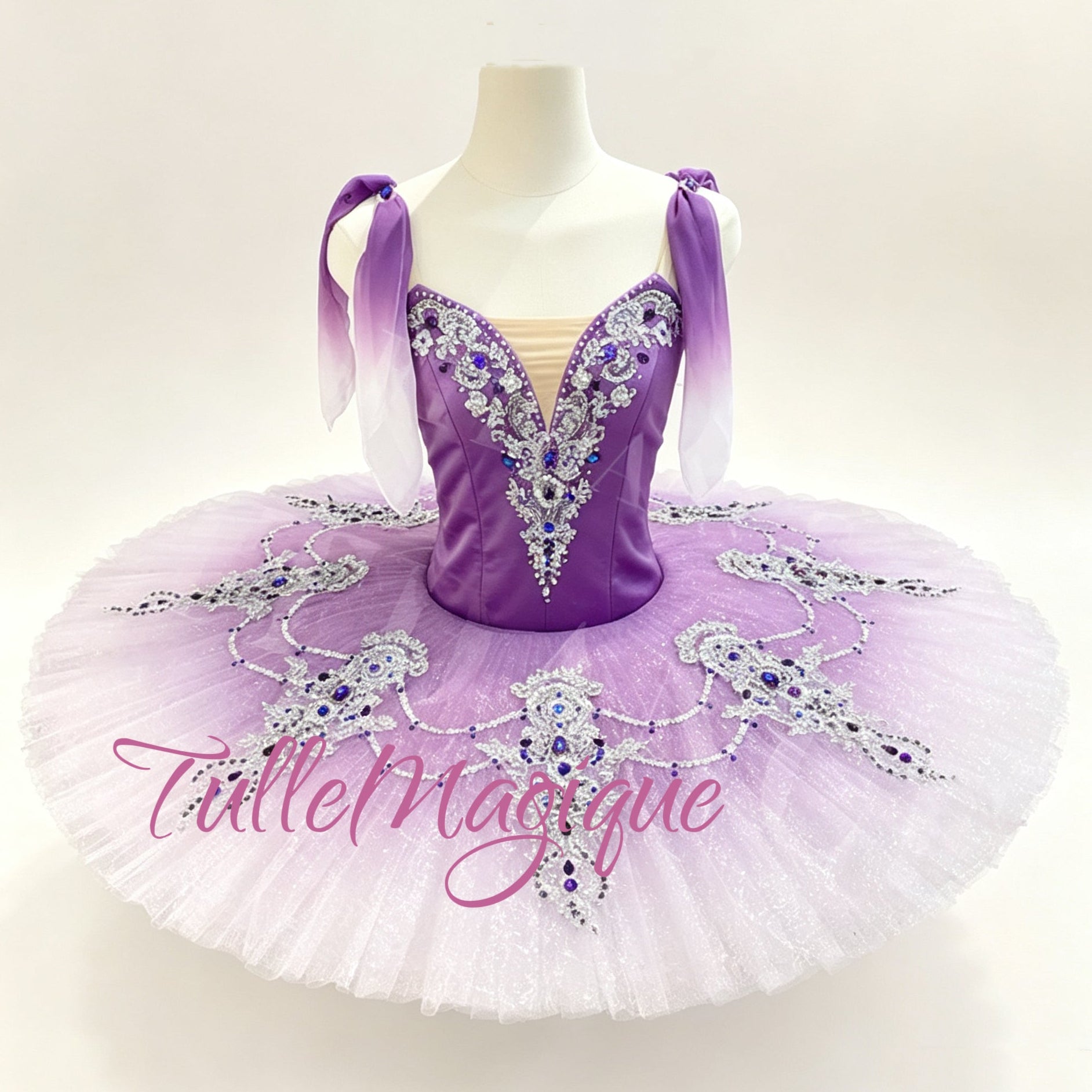 Professional purple classical ballet tutu intricate silver embroidery and dark purple jewels that is perfect for Gulnara in Le Corsaire, Sugar Plum Fairy in The Nutcracker and Lilac Fairy in the The Sleeping Beauty. 
