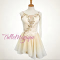 ⁠Ivory and gold professional Lyrical ballet costume for Talisman variation, featuring asymmetric draping and intricate gold embroidery by TulleMagique.⁠