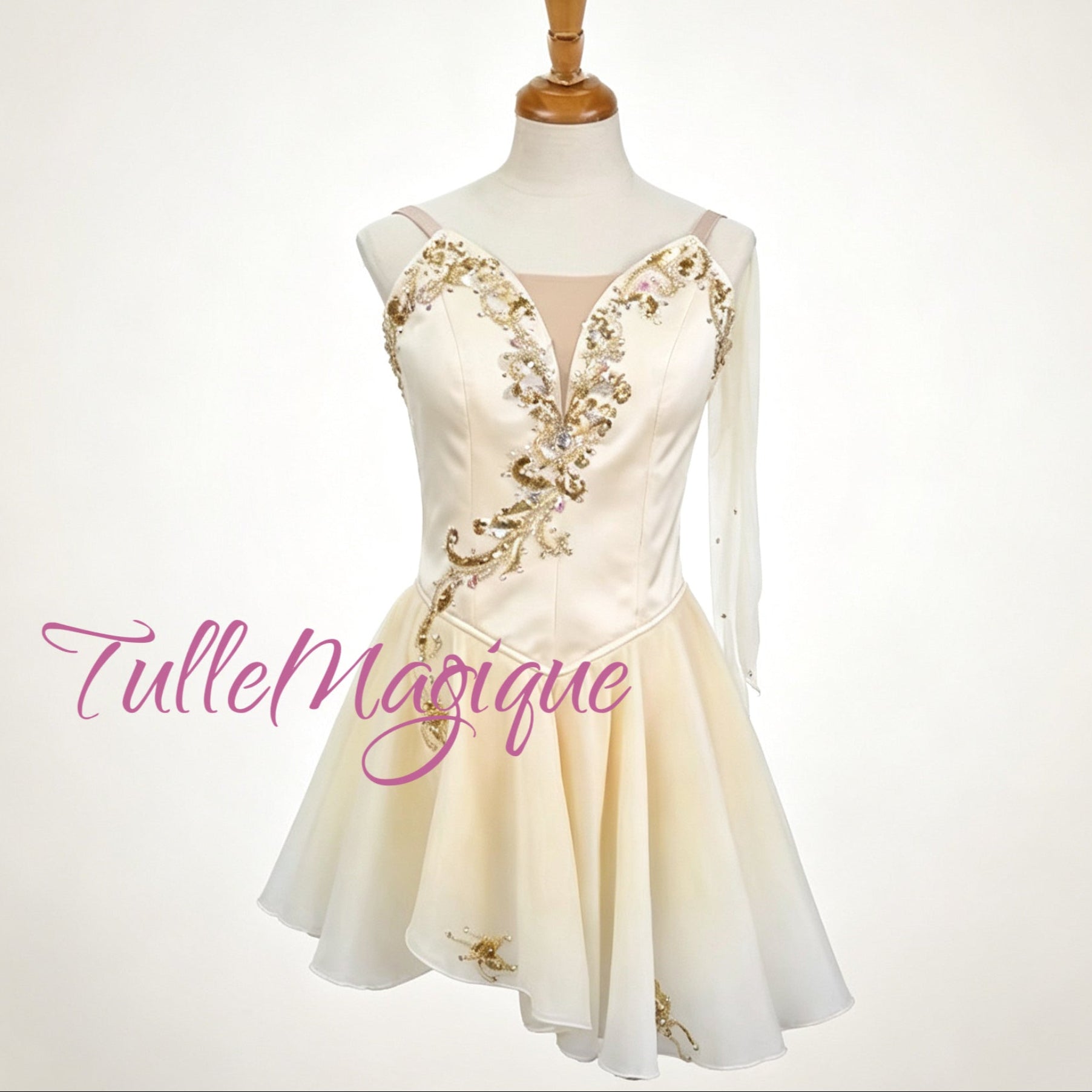 ⁠Ivory and gold professional Lyrical ballet costume for Talisman variation, featuring asymmetric draping and intricate gold embroidery by TulleMagique.⁠