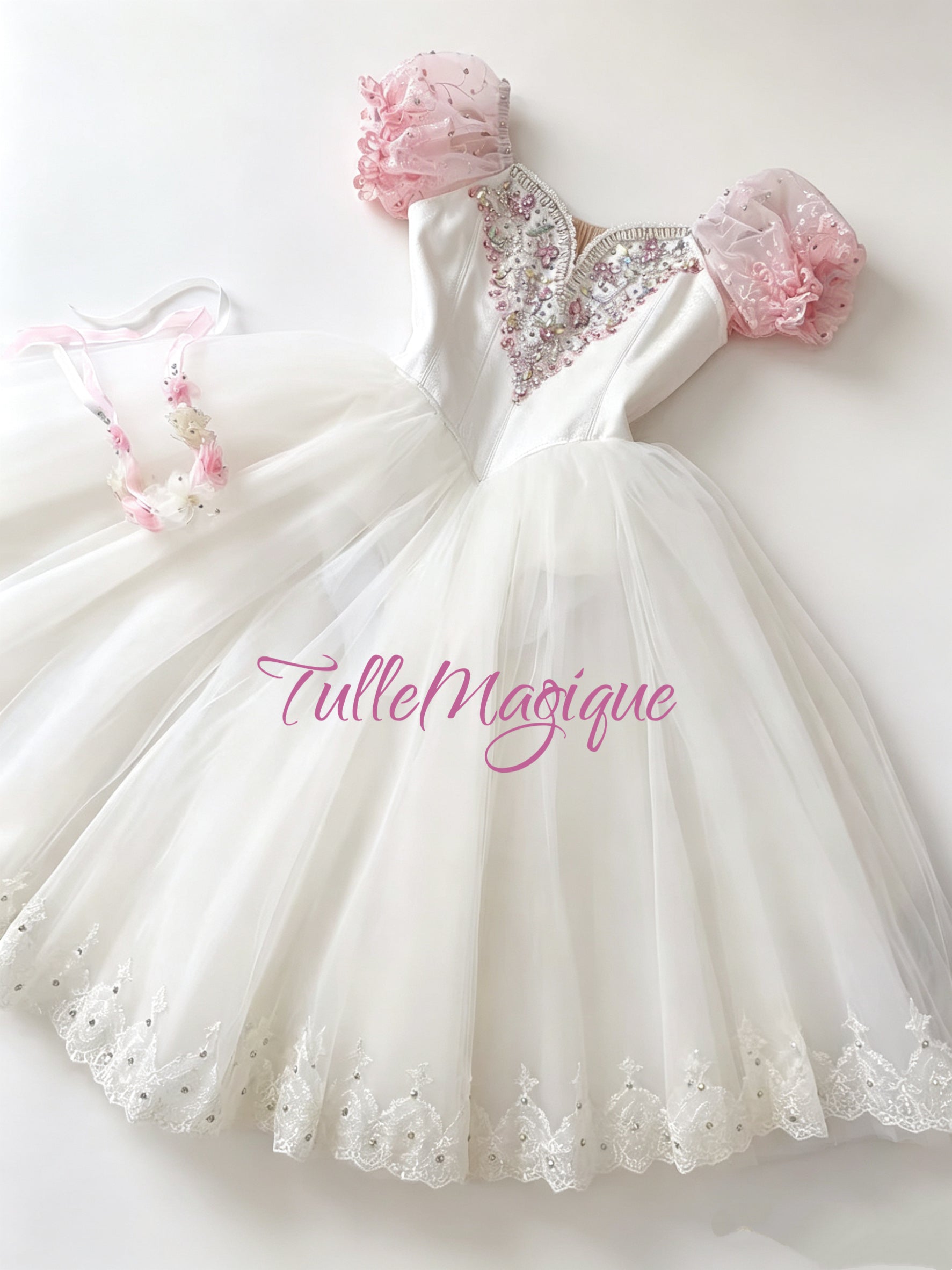 Professional romantic ballet tutu with flowing white long skirt and pink puff sleeves Grecian style romantic ballet stage costume for Aurora Dawn or Nymph variations, showcasing a flowing white tulle skirt with pink accents.