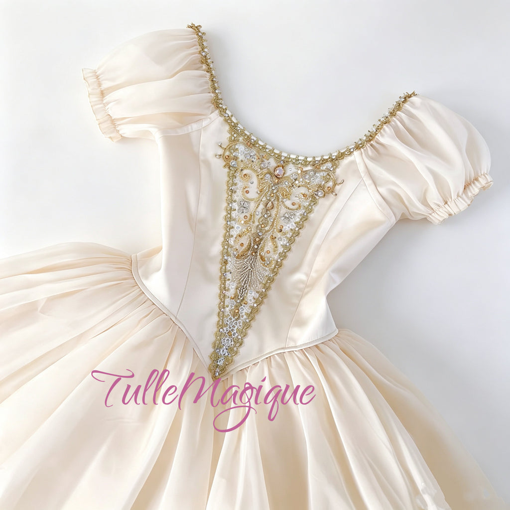 Professional champagne romantic ballet tutu designed for the Hebe Goddess of Youth variation, featuring a royal gold embroidered bodice and soft puff sleeves.
