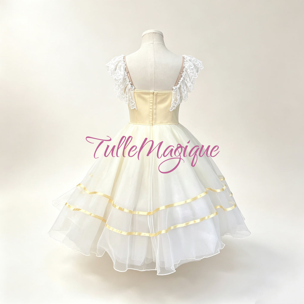 Back view of the professional peasant ballet bodice showcasing the heavy-duty multi-row adjustable hooks and eyes closure, secure inner lining, and professional elastic shoulder straps.
