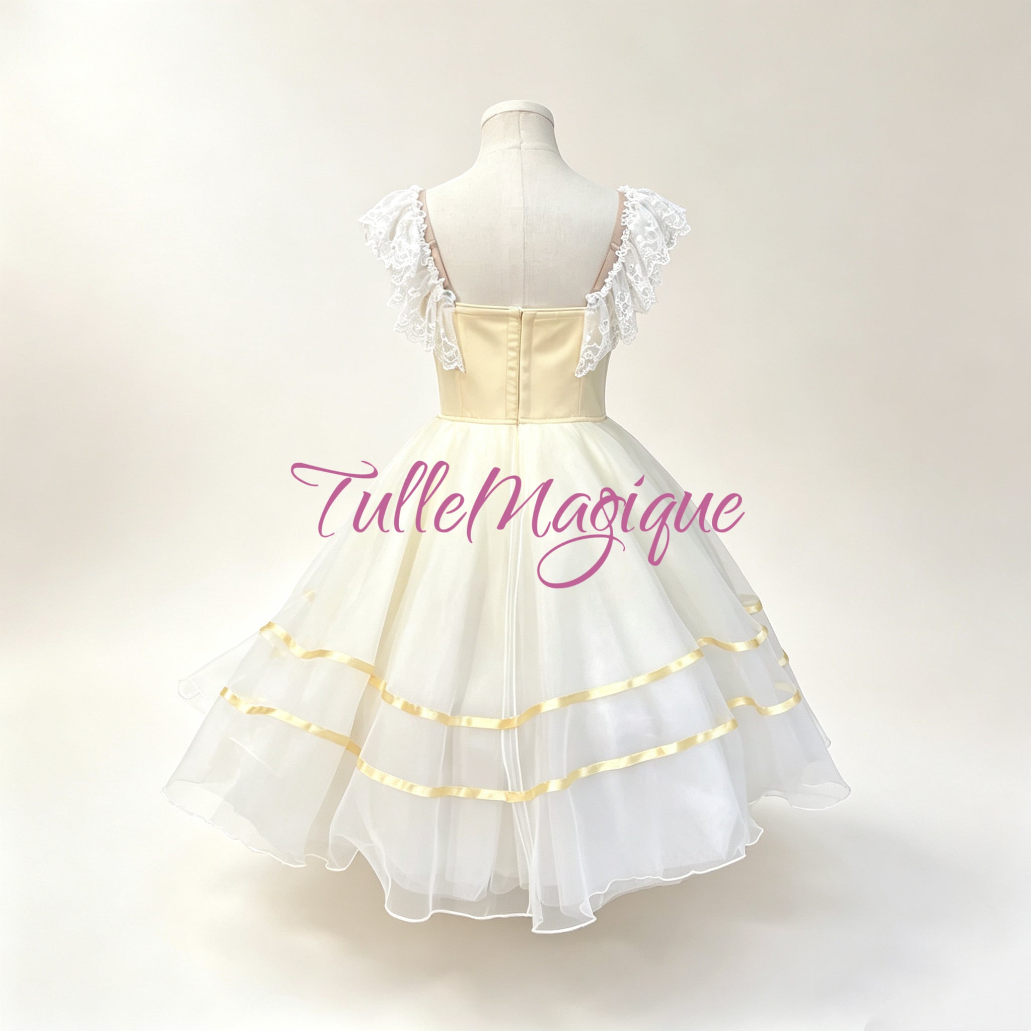 Back view of the professional peasant ballet bodice showcasing the heavy-duty multi-row adjustable hooks and eyes closure, secure inner lining, and professional elastic shoulder straps.