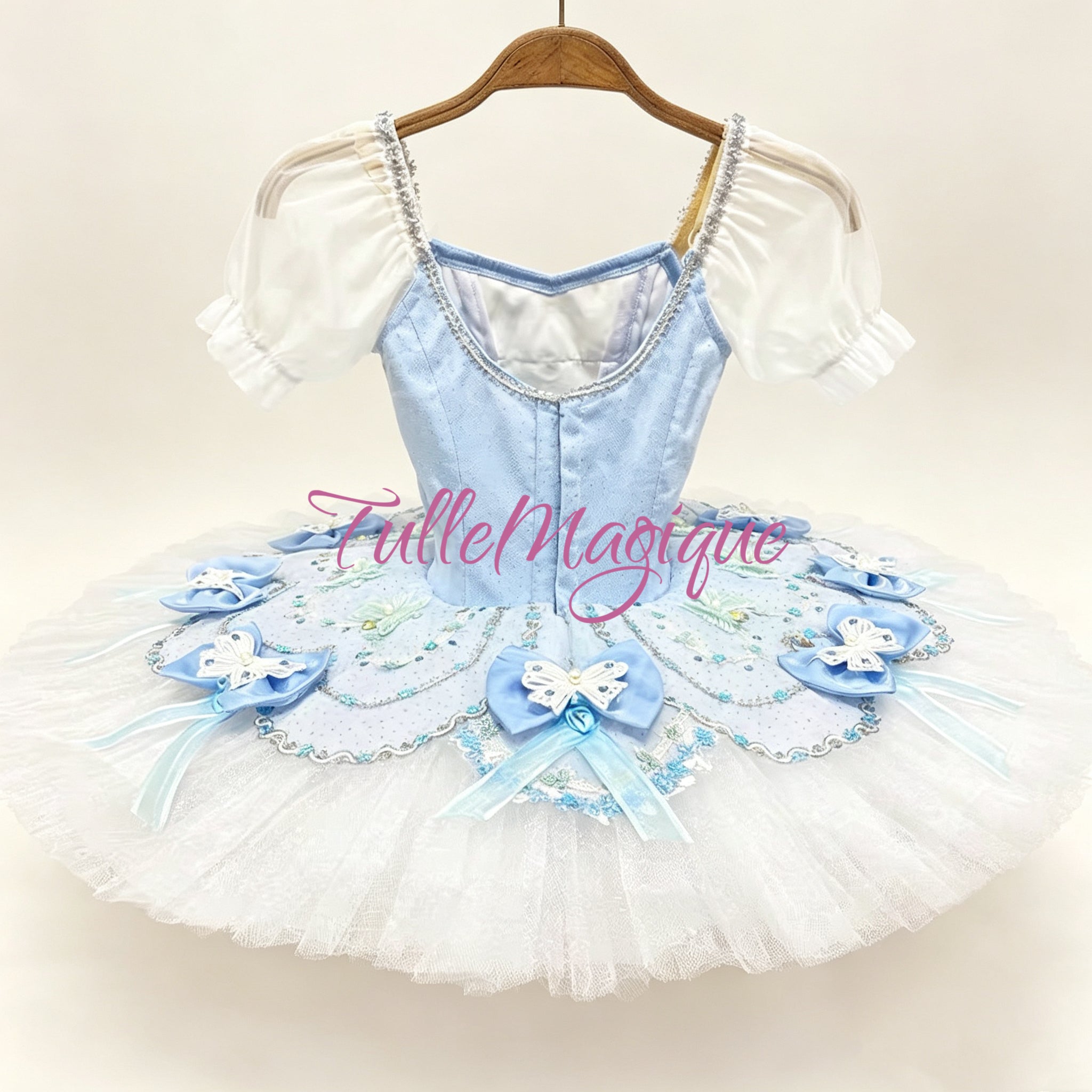Light blue competition level professional classical ballet platter tutu with hook-eye-closure back.
