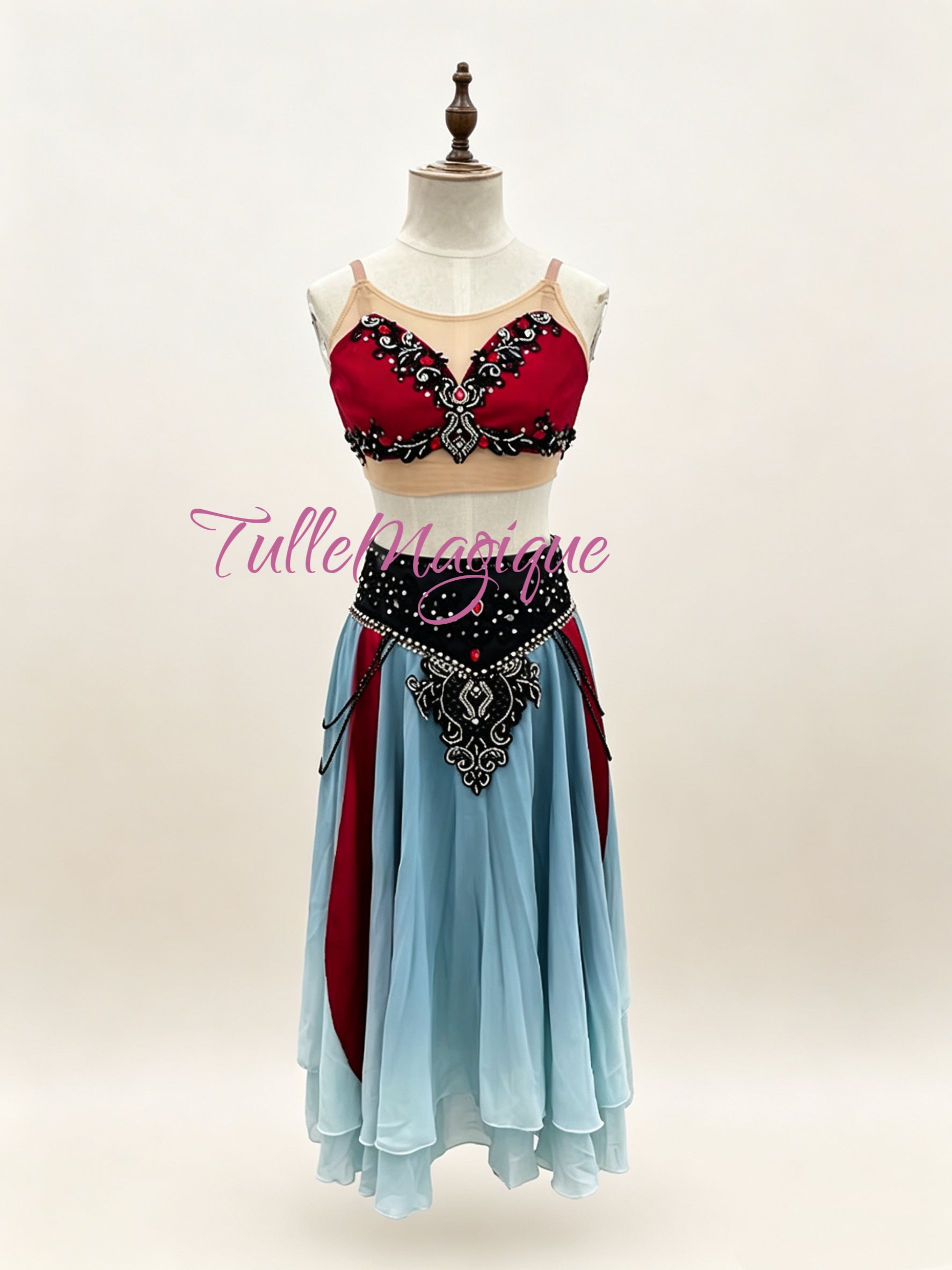 Professional Le Corsaire Act 1 Character Costume of Red, Black & Blue Orientalist lyrical 2-piece style Stage Wear for Competition.
