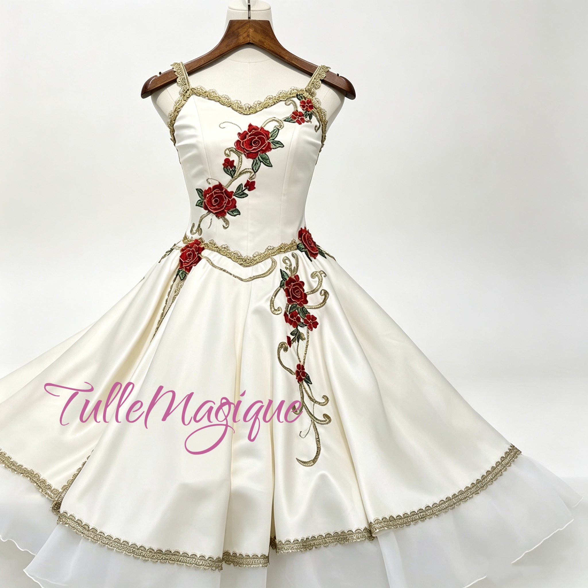 The professional romantic ballet costume tutu dress for awakning of flora wiht 3D red rose flower decorations and gold trims for YAGP competition stage solo.