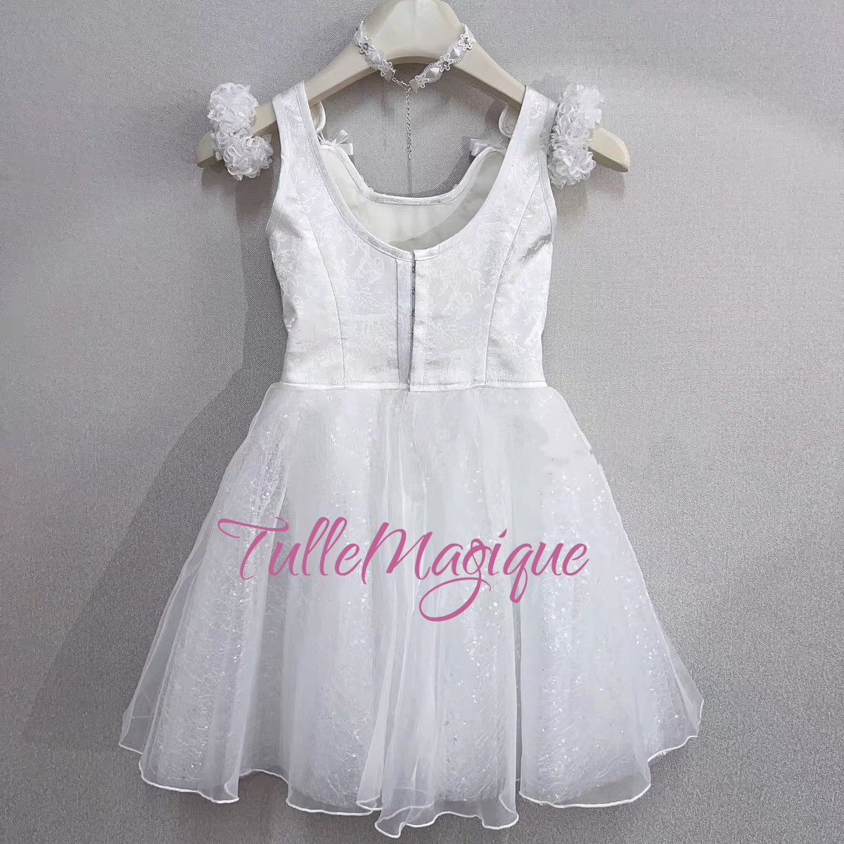 The professional white cat or bunny durmmer ballet costume back with hooks closure.