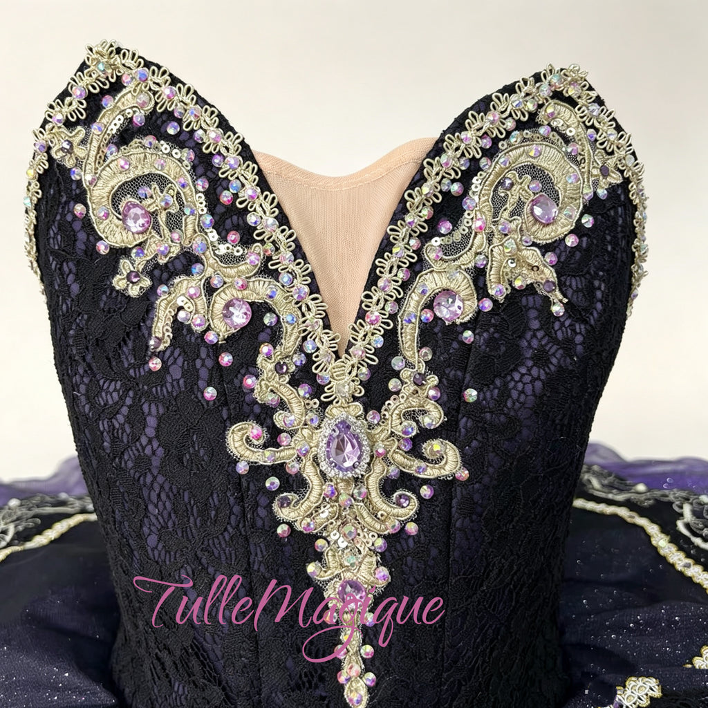 Professional Satanella ballet tutu costume wiht Deep Purple / Violet bodice covered by black lace with Gold Baroque Embroidery. 