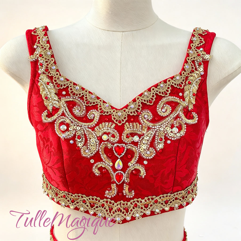A red embroidered crop top wiht gold sequinze appliques and gem stones for indian temple dancers in La Bayadères.