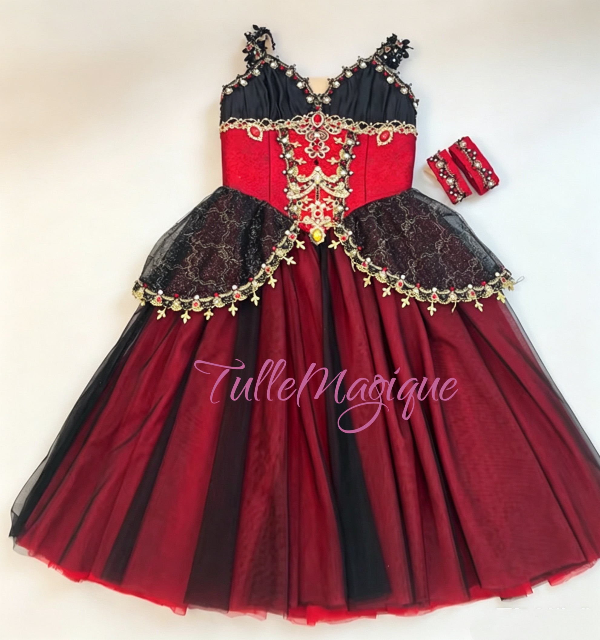 Professional Esmeralda ballet variation costume for YAGP competition, dramatic red and black gypsy style romantic tutu