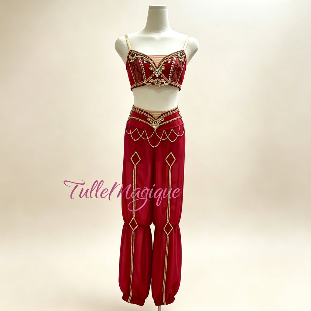 Professional red two-piece oriental ballet costume for La Bayadère or Le Corsaire character variations. Crop top and Harem-Style pants for Arabian dance.