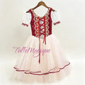 Professional burgundy red romantic ballet tutu with peasant style bodice, white lace puff sleeves, and rose pink tulle skirt with red ribbon trim for Flower Festival in Genzano), Napoli, Giselle and Swanhilda variations.