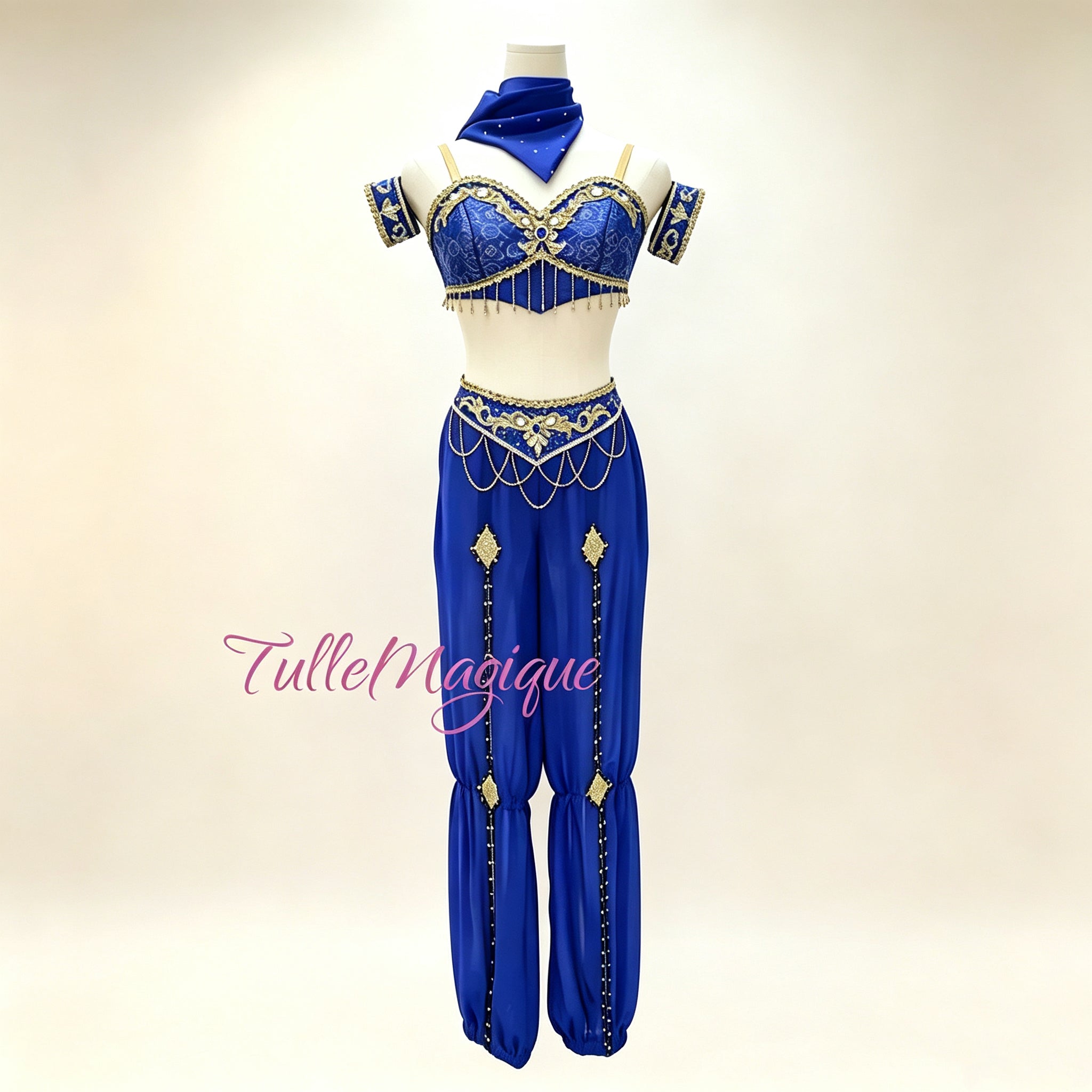 Professional royal blue crop top and pants Arabian style two-piece oriental ballet costume for La Bayadère, Le Corsaire and Scheherazade character variations.